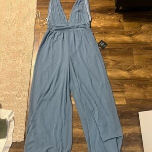 Lulu's Blue Sleeveless Jumpsuit with Plunging V-Neckline